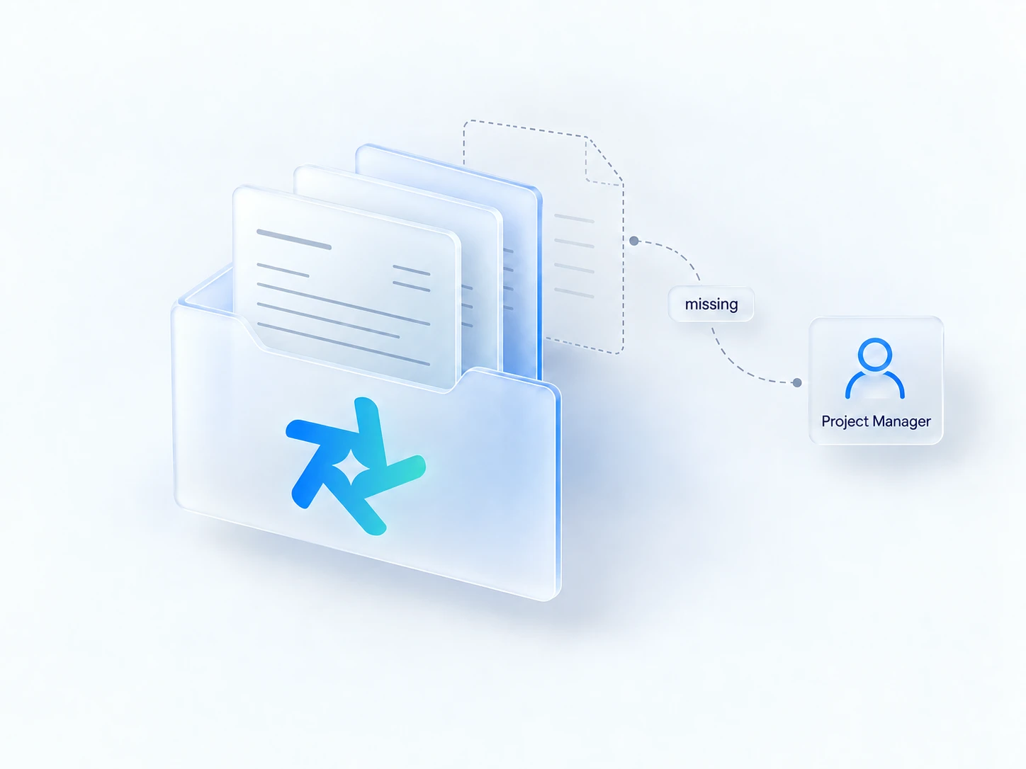 Supporting documents in a folder with a missing document request routed to the project manager.