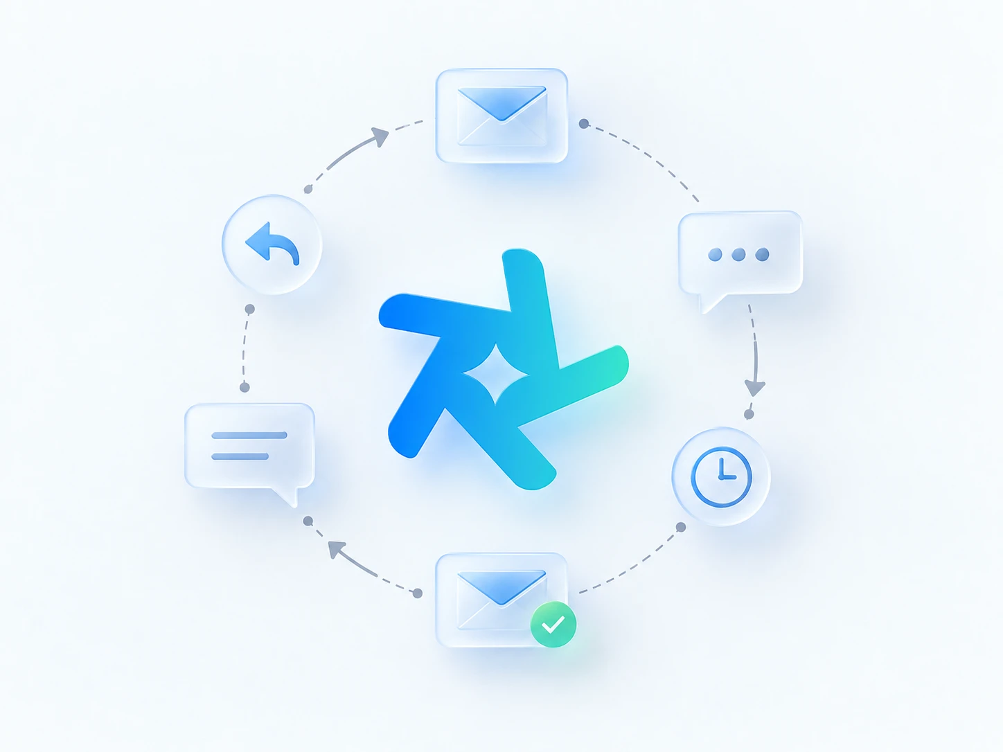 Email and chat replies moving around a continuous follow-up cycle.